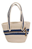 Jutty El Yapımı Hasır Plaj Çantası Fermuarlı Omuz Askılı Yazlık Tote Çanta Mavi Çizgili Denizci Stil