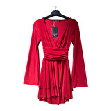 3887 BEL DETAYLI FIRFIRLI UZUN KOL ELBİSE