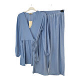 Z-521 PİLE VE KİMONO DETAYLI PANTOLONLU ÇİLEK İKİLİ TAKIM