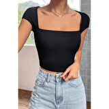 MARSiLYAN- Kadın Siyah Kare Yaka Yarım Kol Göğüs Dekolteli Crop Top Bluz