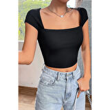 MARSiLYAN- Kadın Siyah Kare Yaka Yarım Kol Göğüs Dekolteli Crop Top Bluz