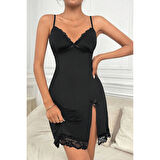 MARSiLYAN- Kadın Siyah Dantelli Fiyonklu ve Yırtmaçlı Şık Gecelik