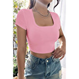 MARSiLYAN- Kadın Pembe Yarım Kol Düz Yaka Crop Top Bluz
