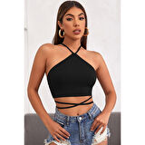 MARSiLYAN- Kadın Siyah Sırtı Açık Boyundan Çapraz Bağlamalı Crop Top Bluz