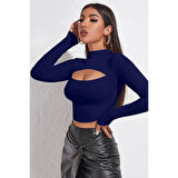 MARSiLYAN- Kadın Lacivert Göğüs Dekolteli Uzun Kollu Cut Out Crop Top Bluz