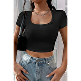 MARSiLYAN- Kadın Siyah Yarım Kol Düz Yaka Crop Top Bluz