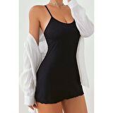 MARSiLYAN- Kadın Siyah Kaşkorse Ince Askılı Şık Gecelik