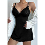 MARSiLYAN- Kadın Siyah Askılı Beli Dantelli Göğsü Fiyonklu Şık Gecelik