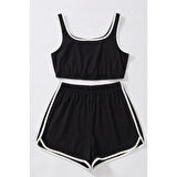 MARSiLYAN- Kadın Siyah Askılı Crop Top ve Şortlu Gecelik Takım