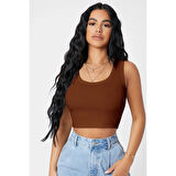 MARSiLYAN- Kadın Kahverengi Kare Yaka Crop Top Bluz