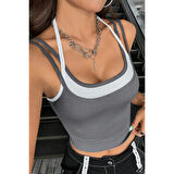 MARSiLYAN- Kadın Antrasit Gri Beyaz Çift Renk Çapraz Askılı Crop Top Bluz