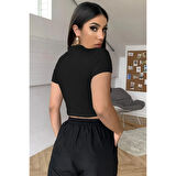 MARSiLYAN- Kadın Siyah Göğüs Dekolteli Yarım Kollu Cut Out Crop Top Bluz
