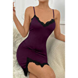 MARSiLYAN- Kadın Mor Göğsü ve Bacakları Dantelli Yırtmaçlı Şık Gecelik