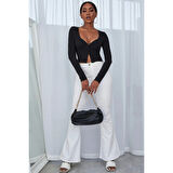 MARSiLYAN- Kadın Siyah Uzun Kollu Düğmeli Göğüs ve Göbek Dekolteli Crop Top Bluz