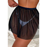 MARSiLYAN- Kadın Siyah Tül Beli Lastikli Etek Görünümlü Pareo