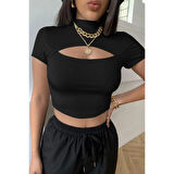 MARSiLYAN- Kadın Siyah Göğüs Dekolteli Yarım Kollu Cut Out Crop Top Bluz