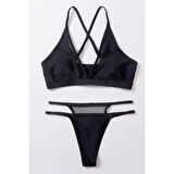 MARSiLYAN- Kadın Siyah File Detaylı Özel Bikini Takımı