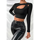 MARSiLYAN- Kadın Siyah Göğüs Dekolteli Çapraz Askılı Uzun Kollu Crop Top Bluz