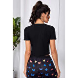 MARSiLYAN- Kadın Siyah Çift Fermuarlı Yarım Kol Crop Top Bluz