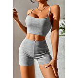 MARSiLYAN- Kadın Gri Melanj Şortlu Kaşkorse Gecelik Takım