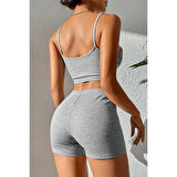 MARSiLYAN- Kadın Gri Melanj Şortlu Kaşkorse Gecelik Takım