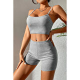 MARSiLYAN- Kadın Gri Melanj Şortlu Kaşkorse Gecelik Takım