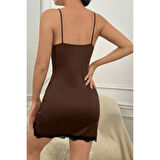 MARSiLYAN- Kadın Kahverengi Göğsü ve Bacakları Dantelli Yırtmaçlı Şık Gecelik