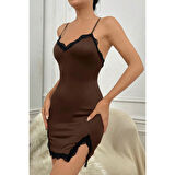 MARSiLYAN- Kadın Kahverengi Göğsü ve Bacakları Dantelli Yırtmaçlı Şık Gecelik