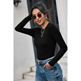 MARSiLYAN- Kadın Siyah Uzun Kollu Fit Basic Crop Top Bluz