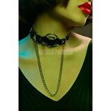 MARSİLYAN- Deri Choker, Deri Tasma, Zincirli Deri Kolye, Halkalı Deri Kolye - APFT588