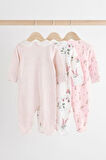 Next Baby % 100 Pamuklu Pembe Çiçek Desenli Dantel Yaka 3'lü Tulum Set