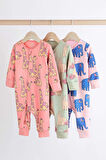 Next Baby % 100 Pamuklu Pembe Hayvan Desenli 3’lü Tulum Set