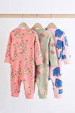 Next Baby % 100 Pamuklu Pembe Hayvan Desenli 3’lü Tulum Set
