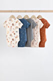 Next Baby % 100 Pamuklu Krem Lacivert Uzay Temalı Kısa Kollu 5'li Body Zıbın Set
