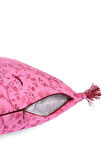 Pembe Kuş Desenli Bordo Saçaklı Kadife Kırlent Kılıfı – 43x43 cm