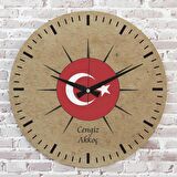 Kişiye Özel Türk Bayrağı Tasarımlı Hediye Ahşap Saat 33cm  KA02-1407