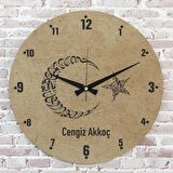 Kişiye Özel Ay-Yıldız Kelime-i Tevhid Tasarımlı Hediye Ahşap Saat 33cm  KA02-1423