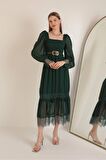 Kemerli Kolu Şifon Kadın Elbise