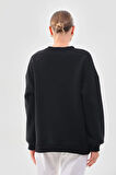 Kallima Oversize/rahat Kalıp Kar Tanesi Desenli Içi Polarlı Kalın Siyah Kadın Sweatshirt