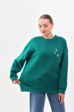 Kallima Oversize/rahat Kalıp Yılbaşı Kar Tanesi Desenli Içi Polarlı Kalın Yeşil Kadın Sweatshirt