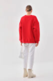 Kallima Oversize/rahat Kalıp Yılbaşı Kar Tanesi Desenli Içi Polarlı Kalın Kırmızı Kadın Sweatshirt