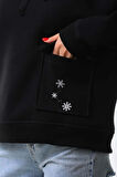 Kallima Siyah Kışlık Kalın Kar Tanesi Baskılı Cepli Kapüşonlu Oversize/geniş Kesim Sweatshirt
