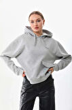 Kallima Gri Kışlık Kalın Kar Tanesi Baskılı Cepli Kapüşonlu Oversize/geniş Kesim Sweatshirt