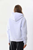 Kallima Beyaz Kışlık Kalın Kar Tanesi Baskılı Cepli Kapüşonlu Oversize/geniş Kesim Sweatshirt