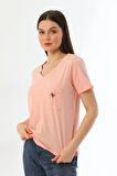 Kallima 2'li Paket Pembe V Yaka Rahat Kalıp Nakışlı %100 Pamuk T-shirt