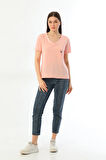 Kallima 2'li Paket Pembe V Yaka Rahat Kalıp Nakışlı %100 Pamuk T-shirt