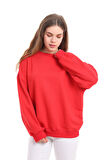 Kallima Kırmızı Dökümlü Rahat Kalıp %100 Pamuk 3 Iplik Minimal Nakışlı Yılbaşı Kadın Sweatshirt