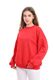 Kallima Kırmızı Dökümlü Rahat Kalıp %100 Pamuk 3 Iplik Minimal Nakışlı Yılbaşı Kadın Sweatshirt
