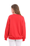 Kallima Kırmızı Dökümlü Rahat Kalıp %100 Pamuk 3 Iplik Minimal Nakışlı Yılbaşı Kadın Sweatshirt