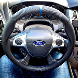 DİKİŞLİ DİREKSİYON KILIFI KARBON DERİ NOKTA DERİ MAVİ YÜZÜK MAVİ DİKİŞLİ FORD FOCUS 2014 SONRASI